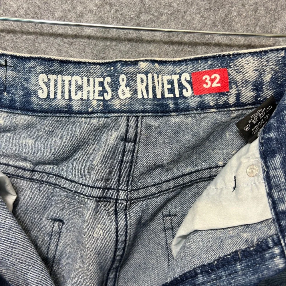 Stitches‎ & Rivets Bleach Wash Denim Shorts American Flag Patches Size 32 Jorts - Picture 6 of 8